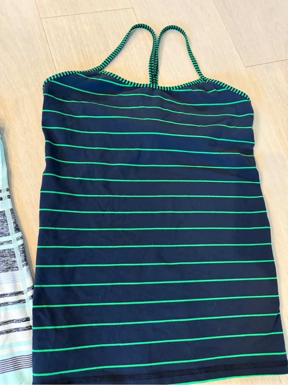 2 Lululemon Athletica Striped Racerback Tank - Light Blue & navy with green